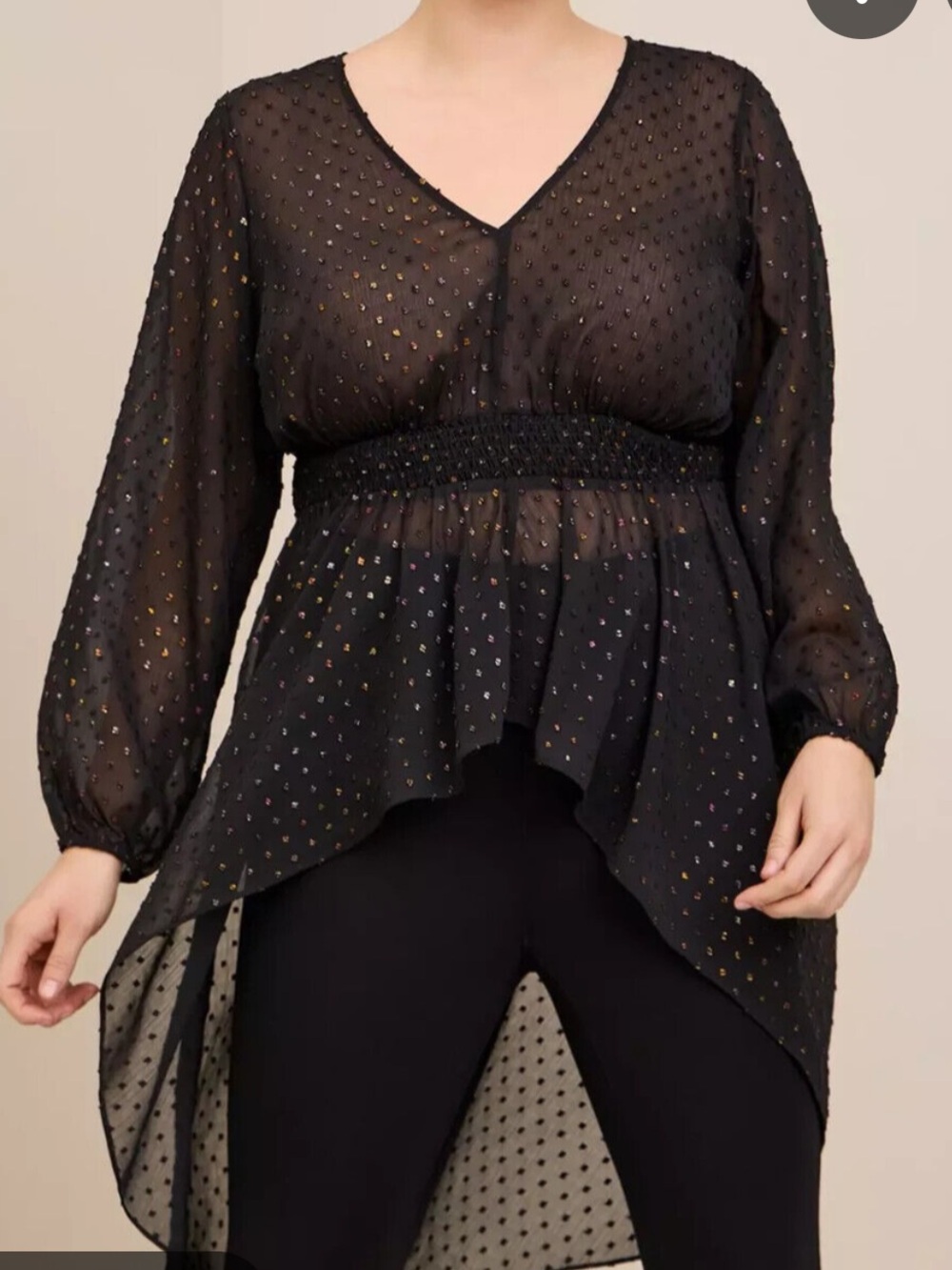Magical Spooky Torrid Black Chiffon Clip-Dot Smocked-Waist High-Low Top